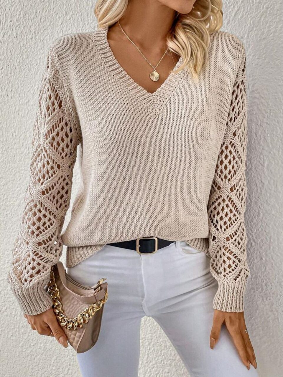 Solid V-neck Pullover Sweater With Hollow Long Sleeve