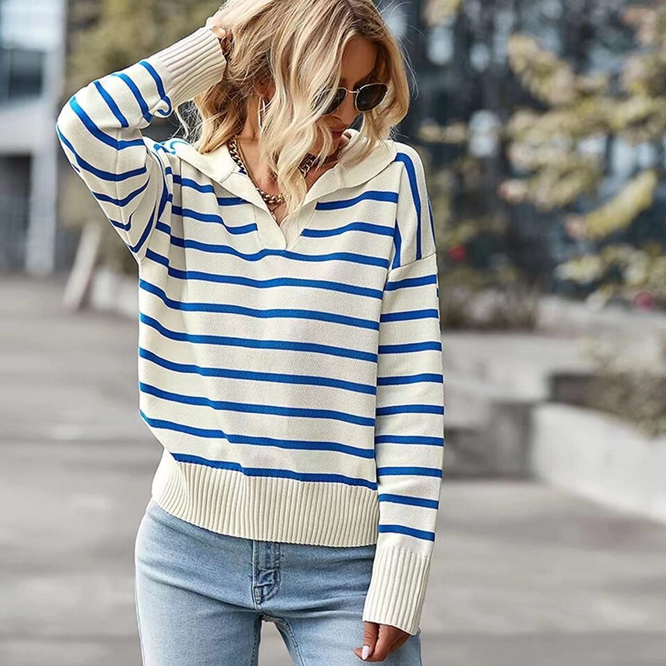 Casual V-neck Lapel Striped Sweater Fashion Long Sleeve