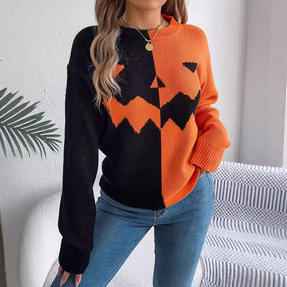 Halloween Contrast-color Pullover Sweater Fashion Long Sleeve Knitted
