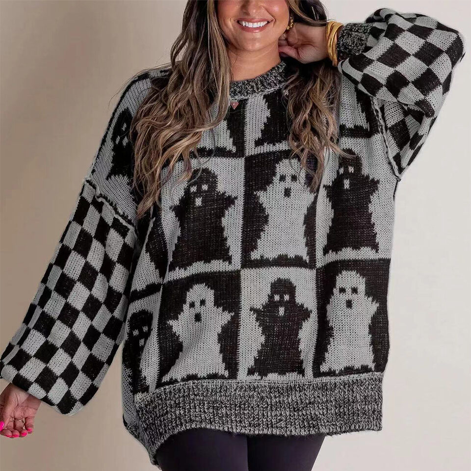 Halloween Cartoon Ghost And Checkerboard Print Pullover Sweater