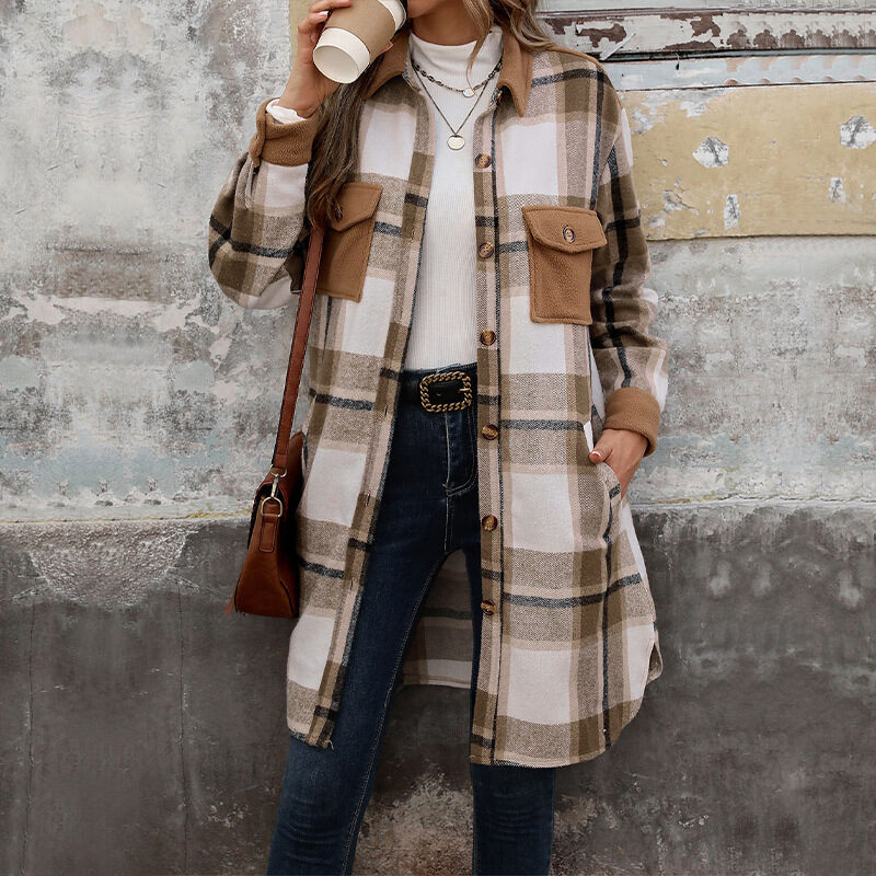 New Brushed Plaid Long Coat With Pockets Fashion