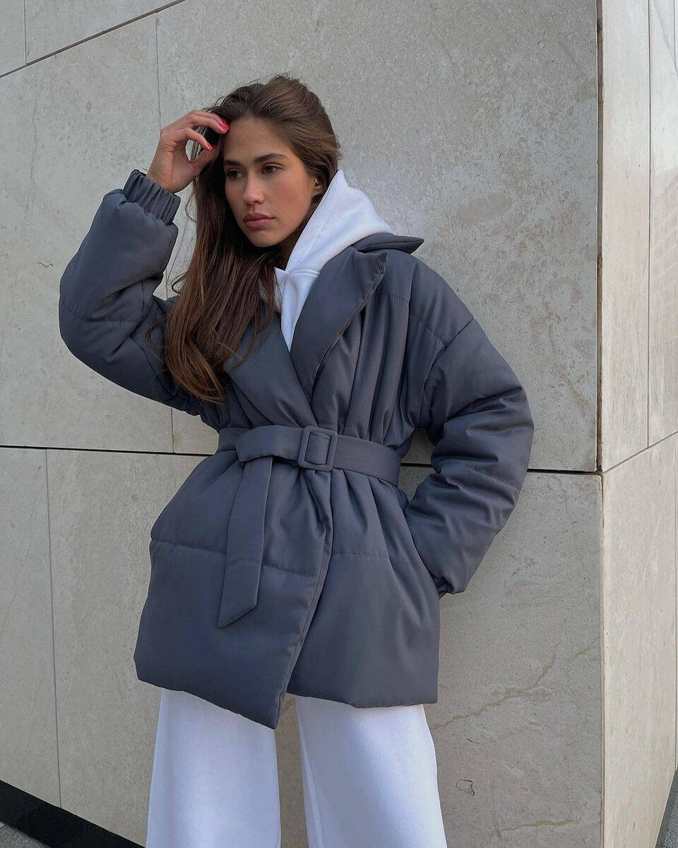Winter Lapel Waisted Cotton Coat Fashion Solid Color