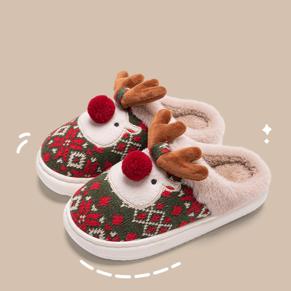 Cute Christmas Elk Plush Slippers Winter Ins Fashion