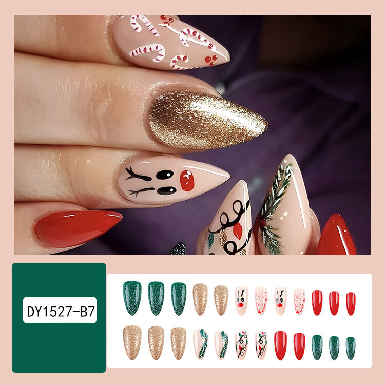 24pcs Christmas False Nails Hat Striped Snowflake Nail