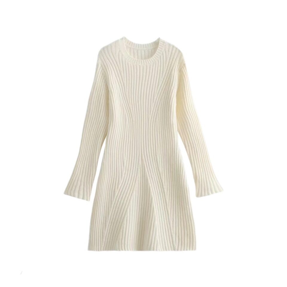 Fashion Solid Ribbed Knitted Dress Fall And Winter