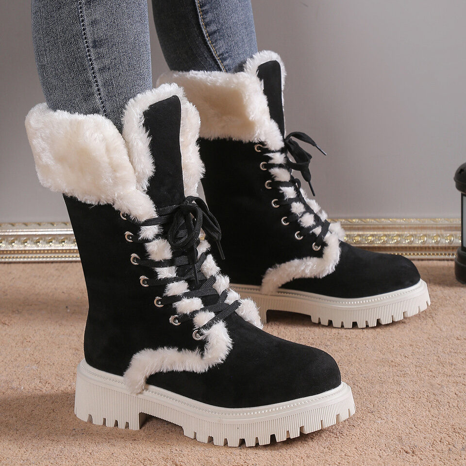 Winter Lace-up Snow Boots For Women Mid-tube Fleece