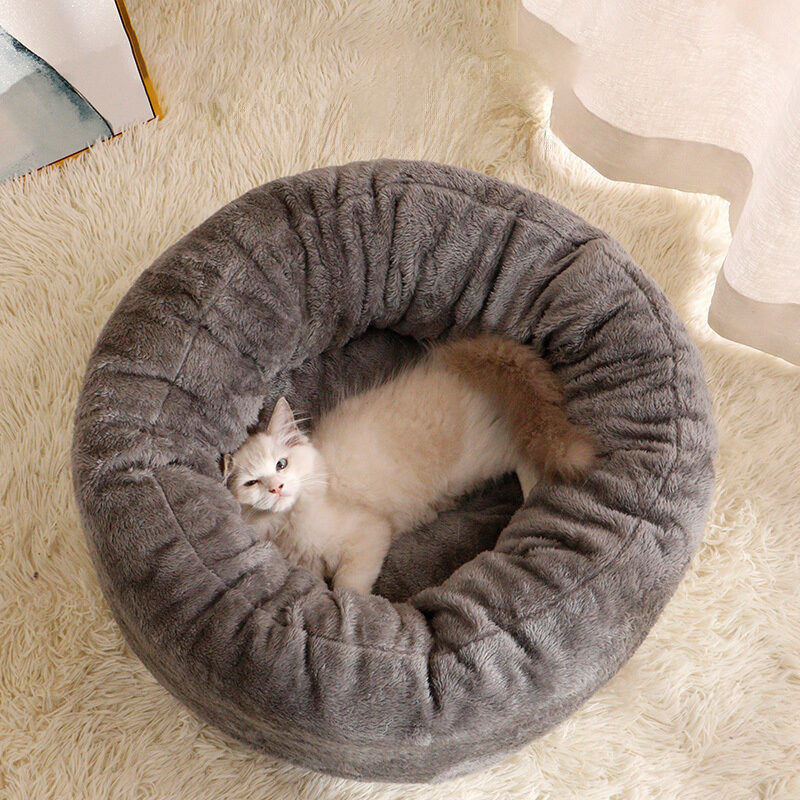 Pet Dog Bed Long Plush Donut Round Kennel