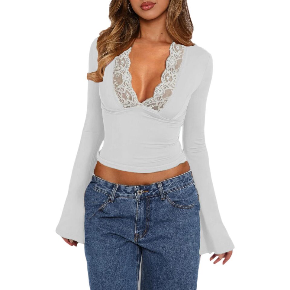 Slim V-neck Lace T-Shirt Ins Fashion Trumpet Sleeve