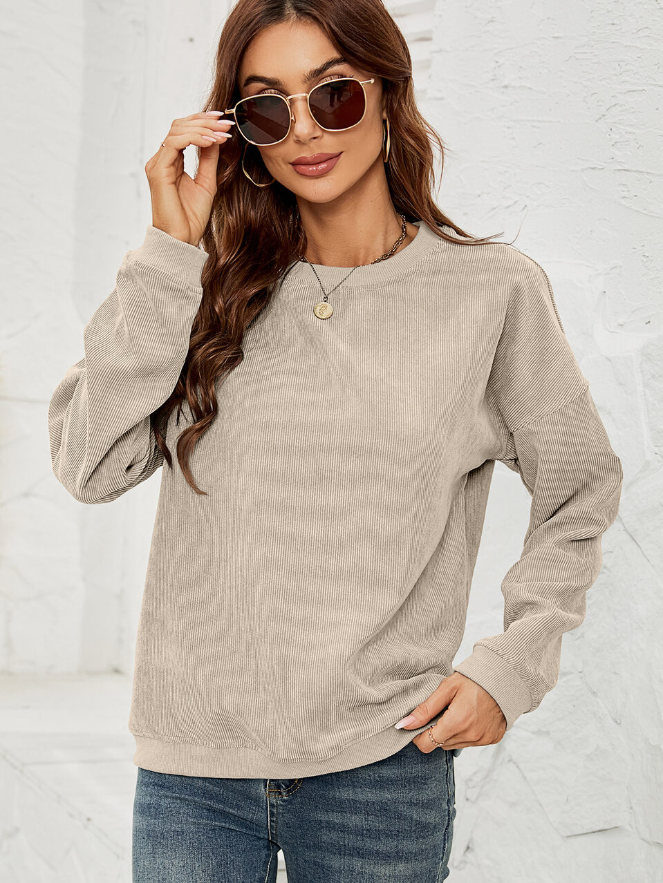 Corduroy Pullover Sweatshirt Casual Fashion Solid Round Neck