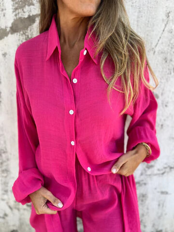 2pcs Loose Long-sleeved Shirt Suit With Lapel Button