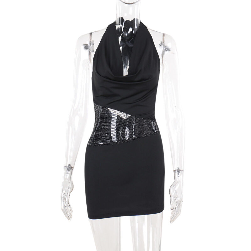 Sexy Slim Deep U-neck Dress With Sequin Mesh