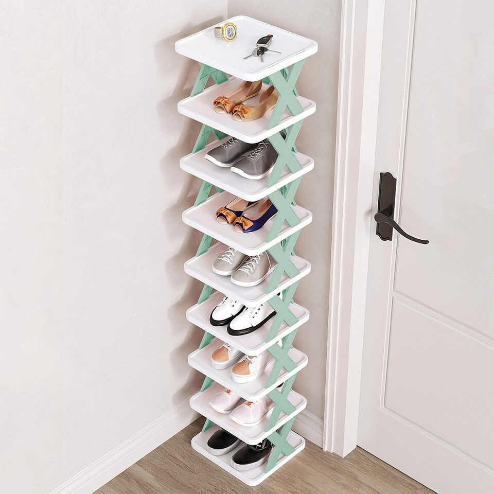 1Pc 9Tier Narrow Entryway Shoe Rack For Entrydoor Plastic Vertical Shoe Organizer Space Saving Free Standing Shoes Storage Shelf Closet Hallway