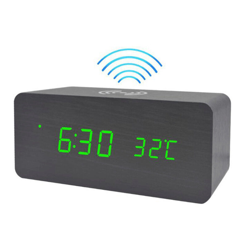 LED digital alarm clock wireless charging wooden