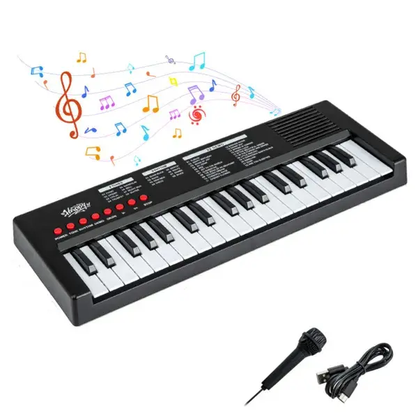 Black 37 Keys Kids Electronic Keyboard With Microphone