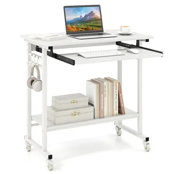 White Mobile Computer Desk With Keyboard Tray