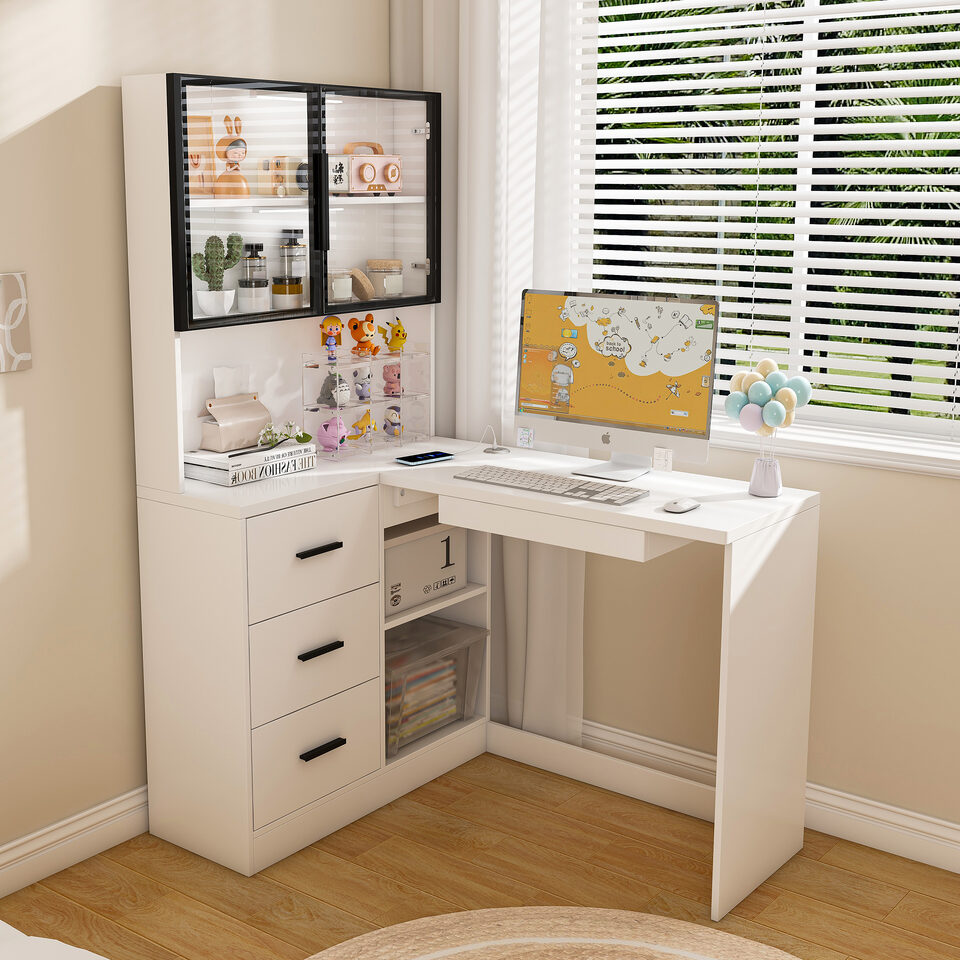 Computer Desk With Glass Cabinets & Built-In LED