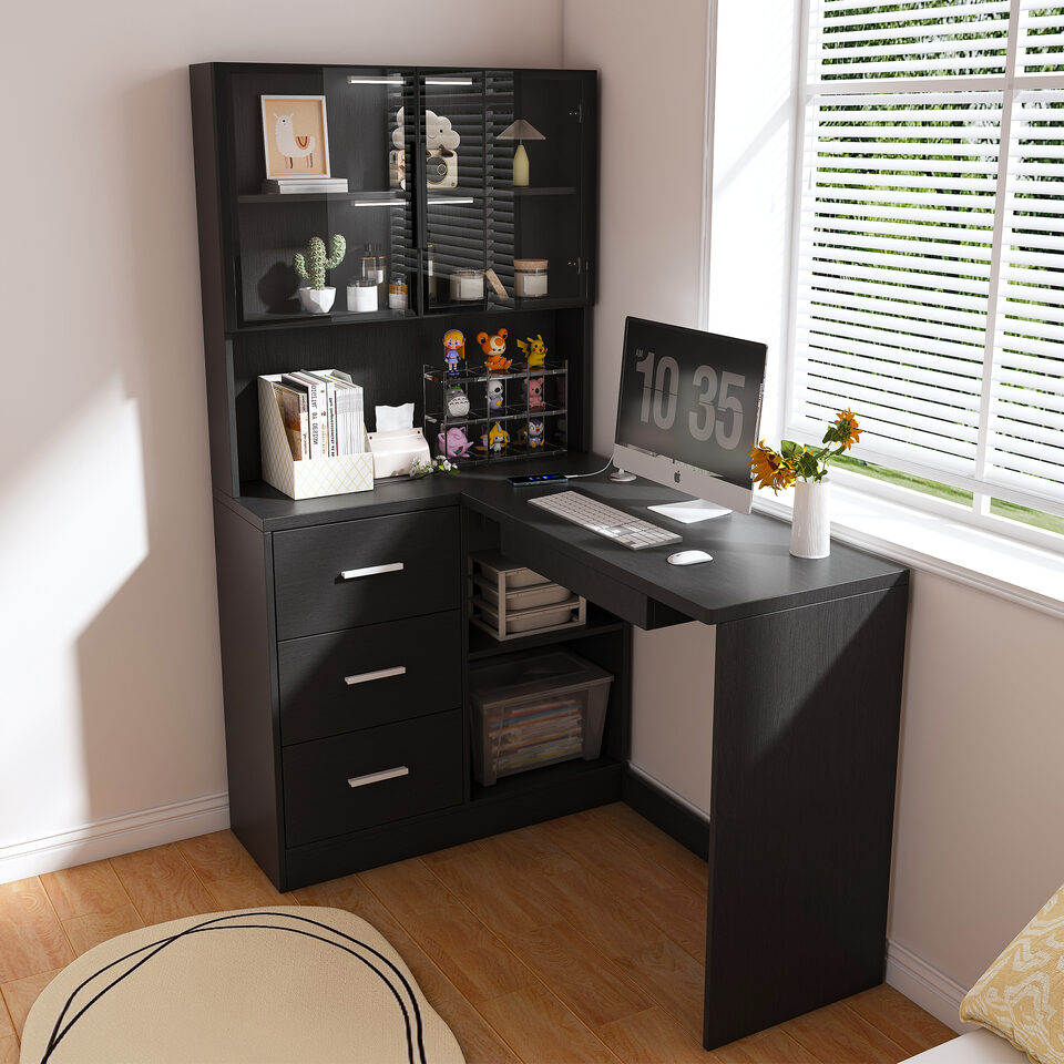 Computer Desk With Glass Cabinets & Built-In LED