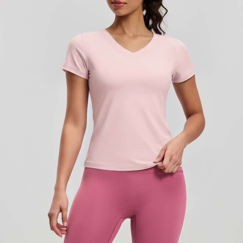 Peach Basic V-neck Short Sleeve Sports Top