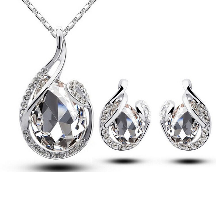 3pcs Rhinestone Necklace Set With Earrings Fashion Water-drop-shaped