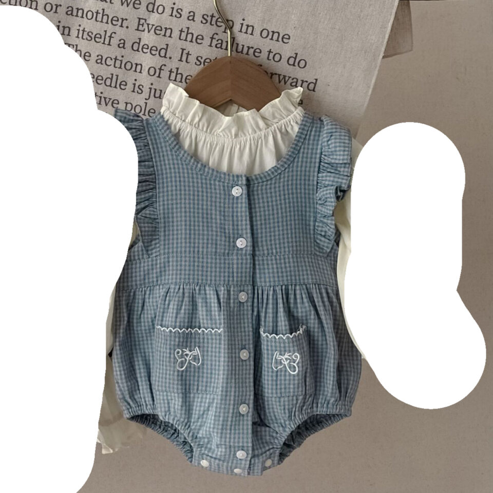 Infant Single-breasted Long Sleeve Small Plaid Romper Sling