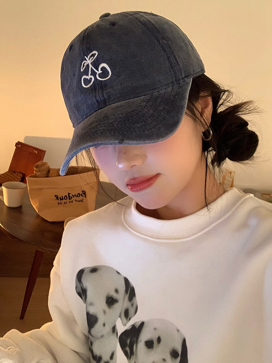 Ins Cherry Embroidered Baseball Cap Soft Top Wide