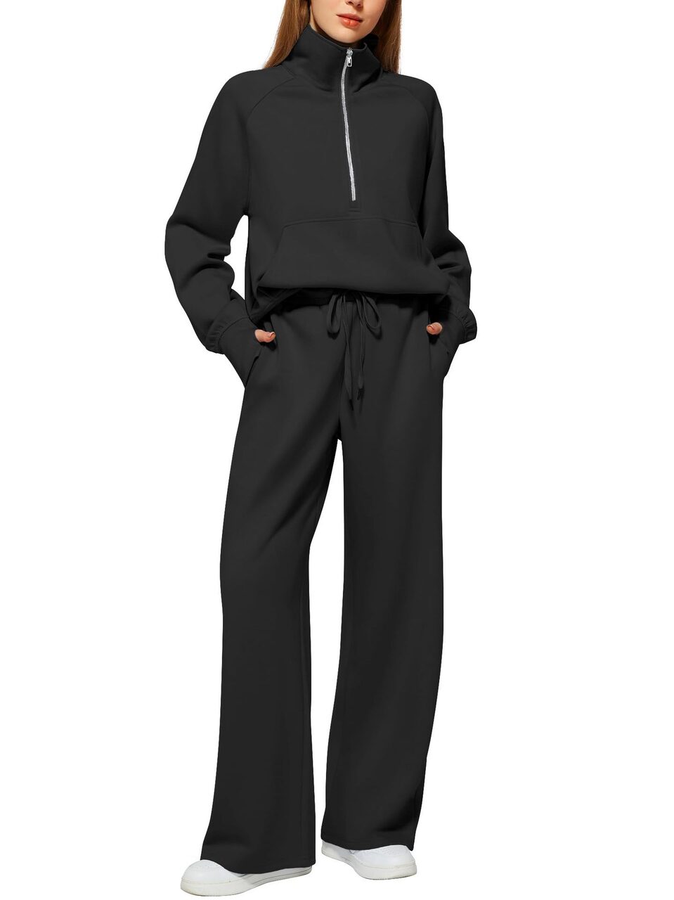 Woman Solid Color Half Zip Long Sleeve Sweatshirt