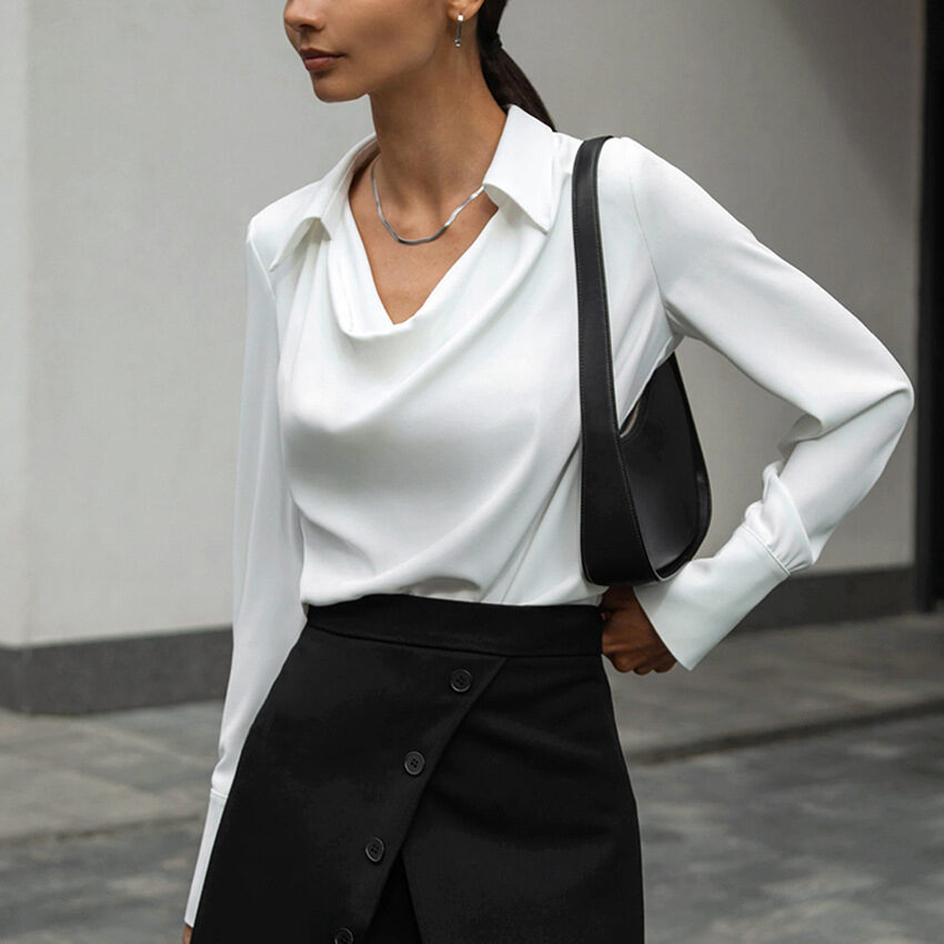 Collared Long-Sleeve Shirts Fashion Commuter Solid Color Blouse