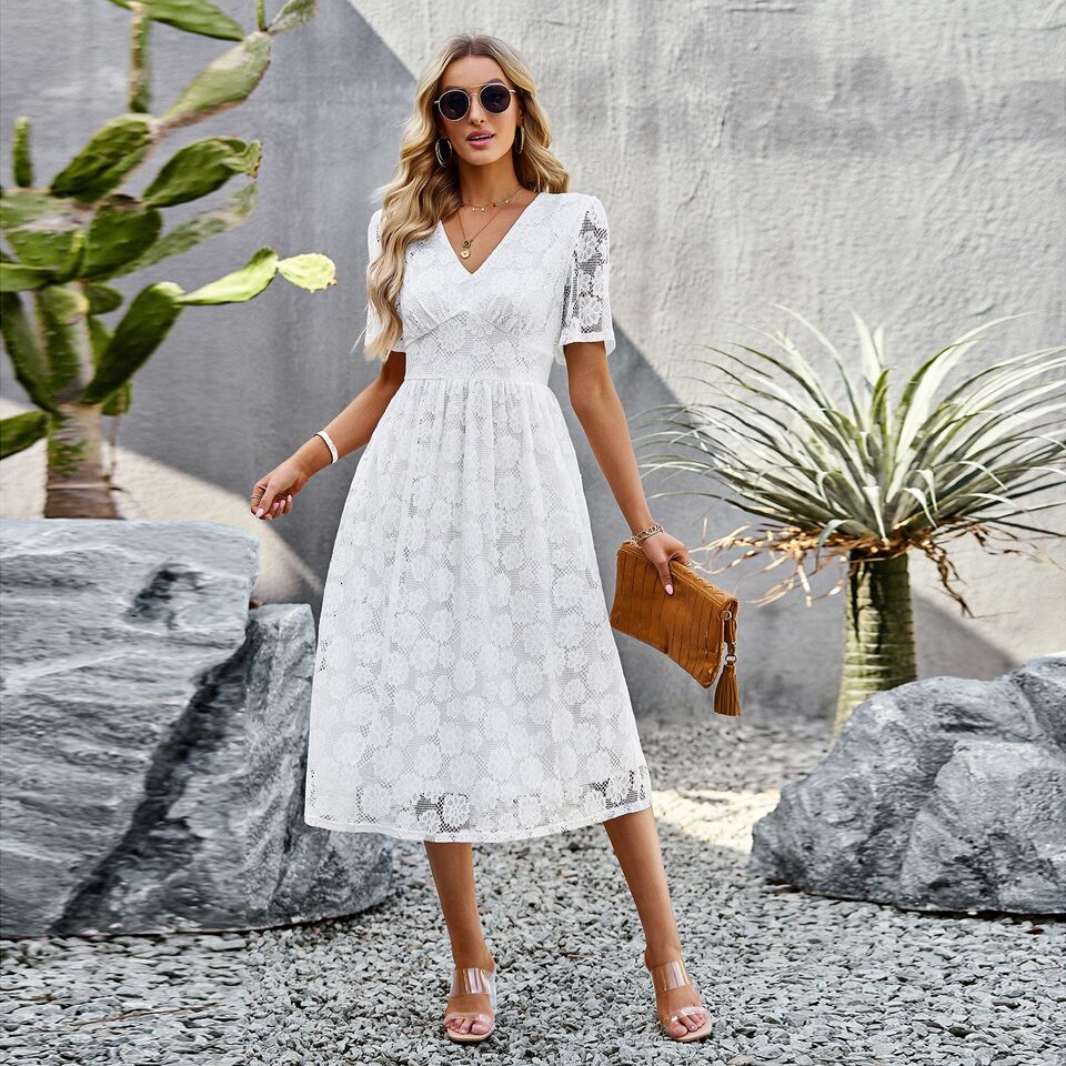 Fashion V-neck Lace Dress Summer Elegant Short Sleeve