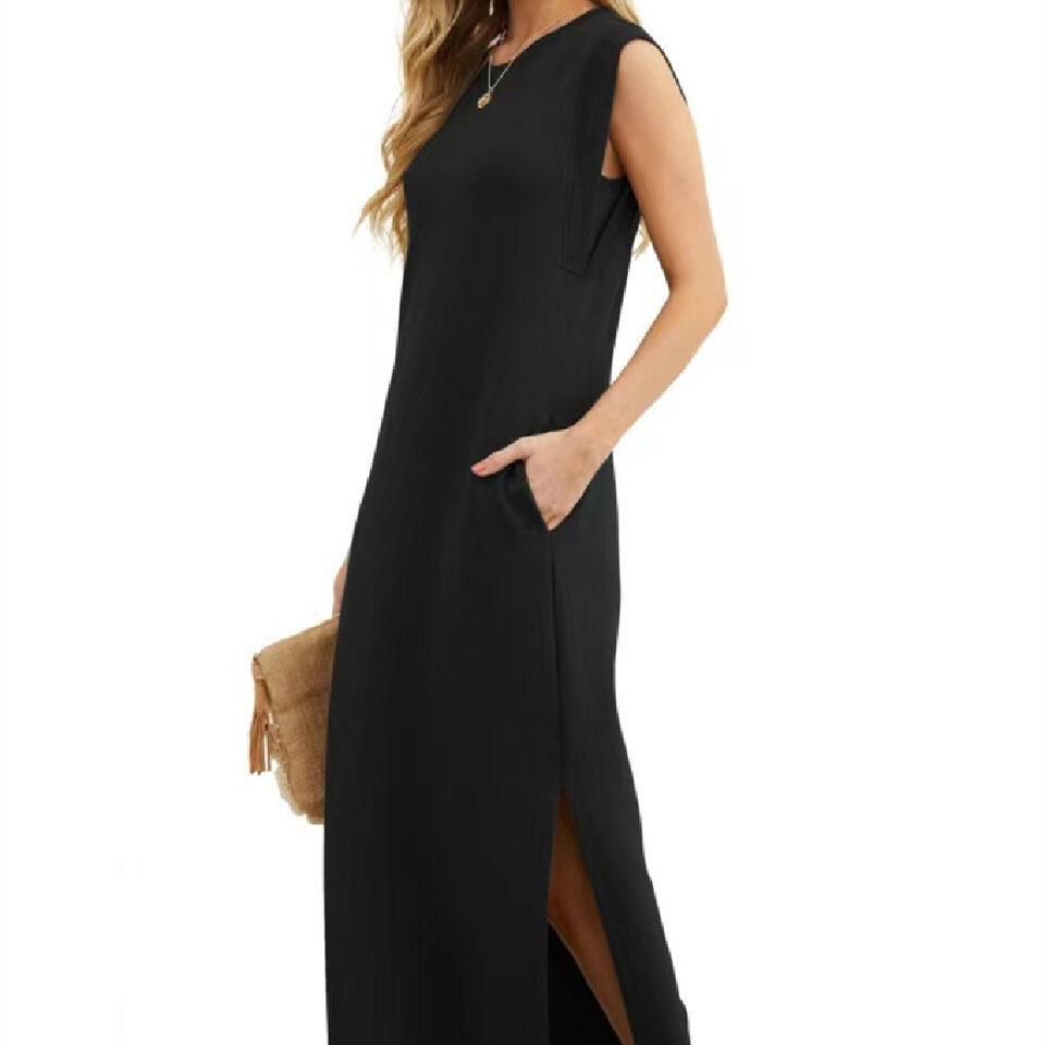 Summer Sleeveless Slit Dress With Pockets Casual Loose