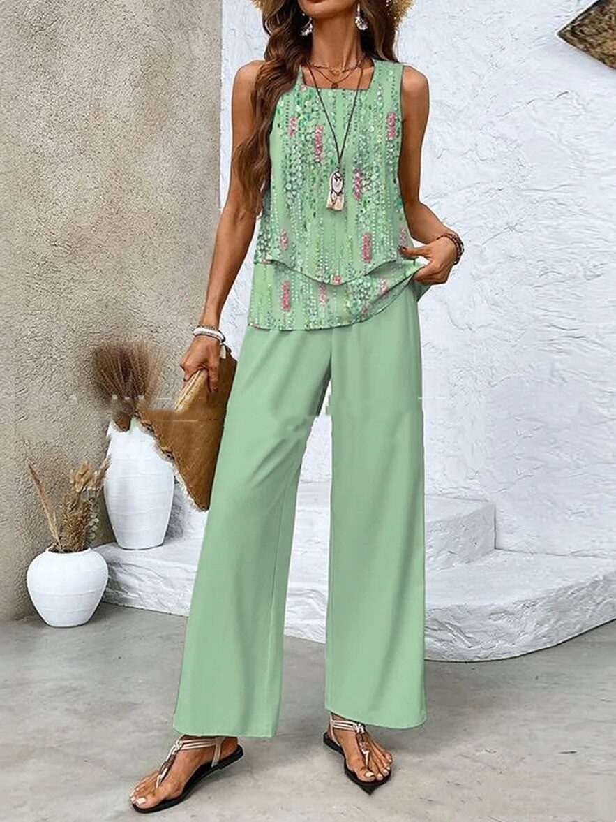 Print Suits Sleeveless Double-layer Vest And Loose Straight