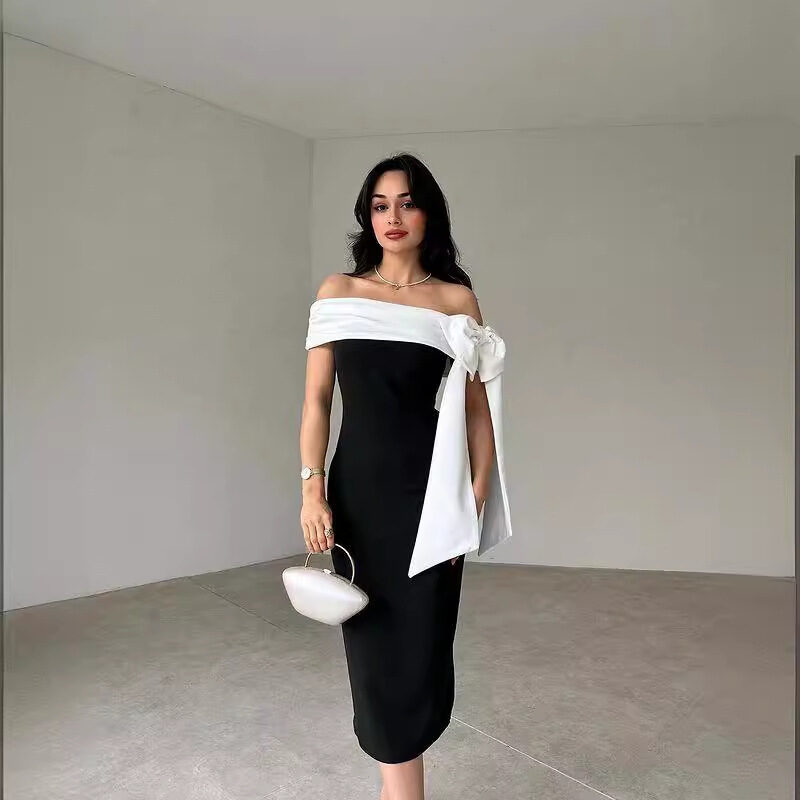 Women's Off-shoulder Bow Black And White Color Matching
