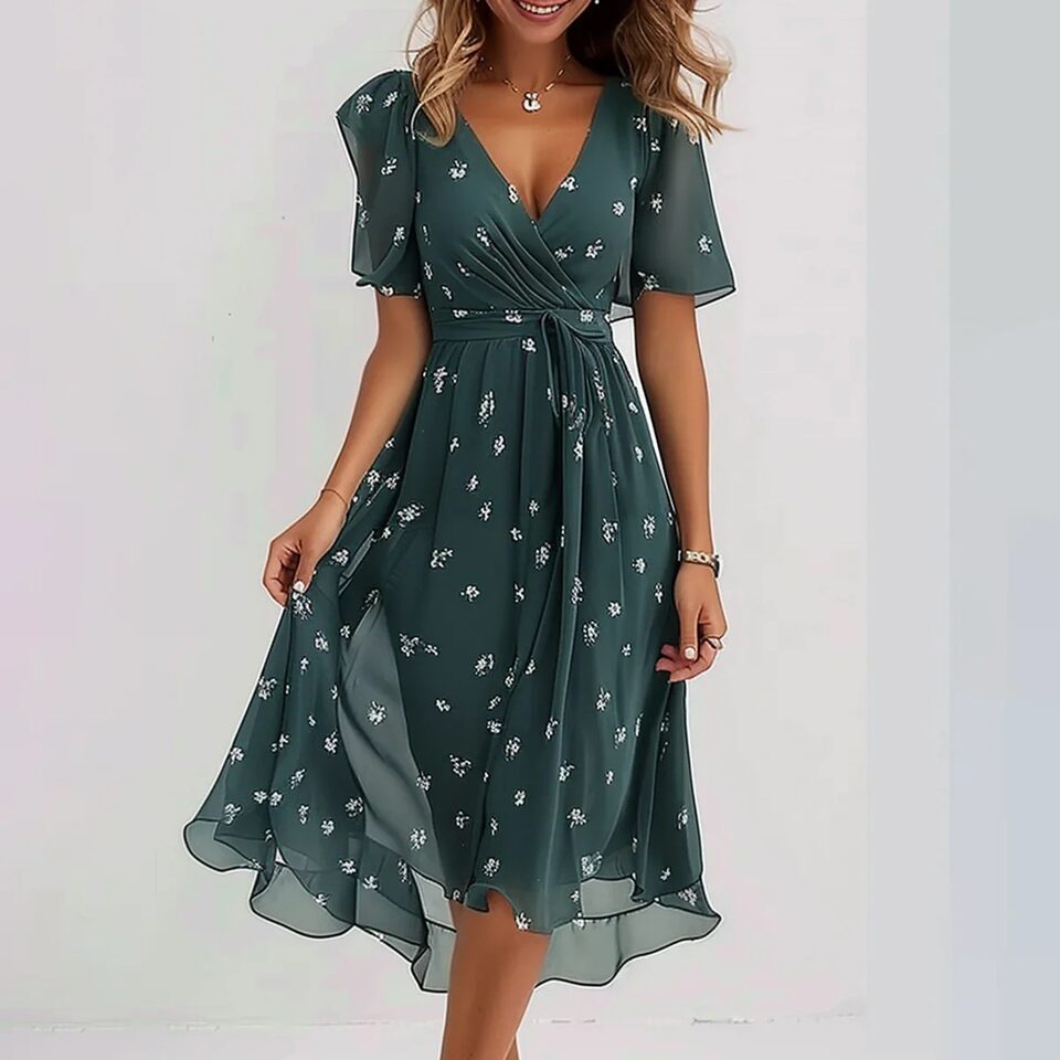 Chiffon Printed Short Sleeve Dress Summer Elegant V-neck