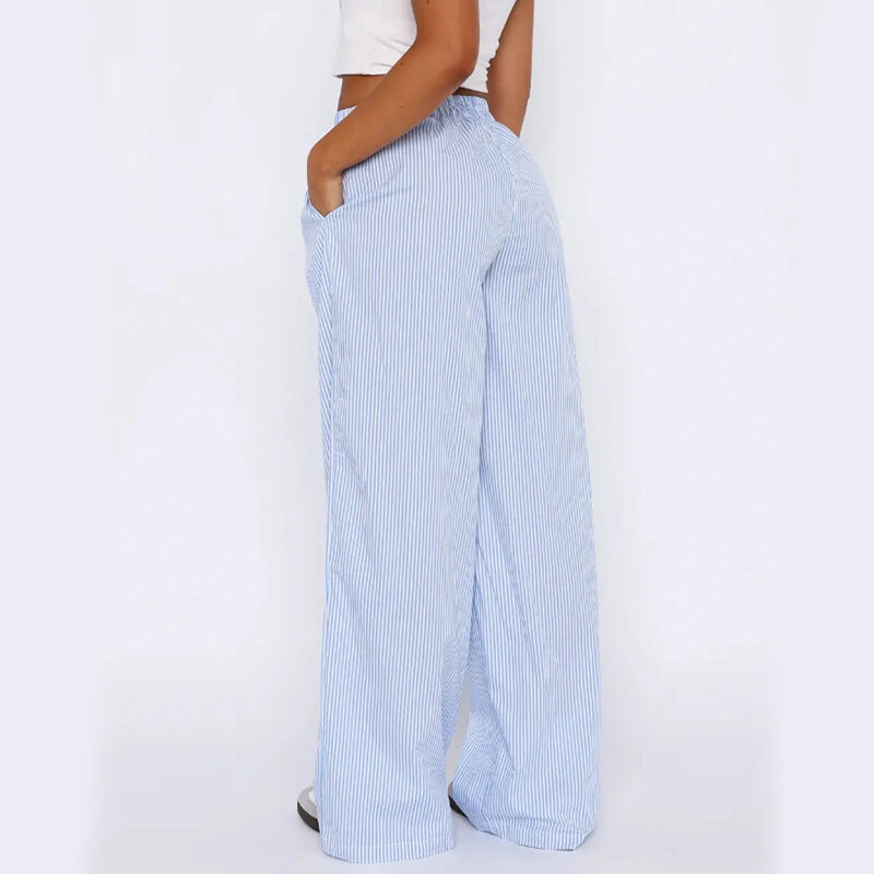 Striped Trousers With Pockets Ins Fashion Casual Wide
