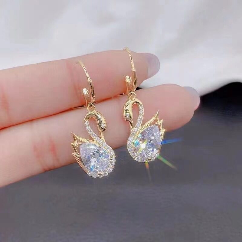 Sweet Rhinestone Swan Earrings Ins Fashion For Women