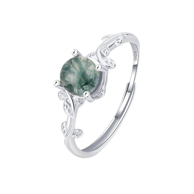 S925 Silver Green Moss Ring Water Plants Agate