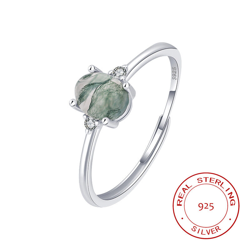 S925 Silver Green Moss Ring Water Plants Agate
