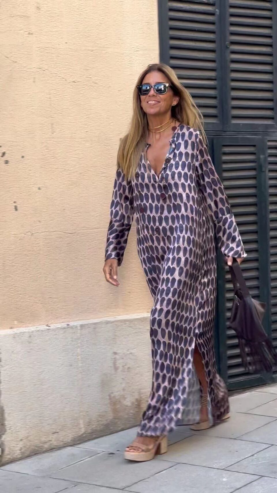 Summer Geometric Printed V-neck Long Dress Fashion Sleeve