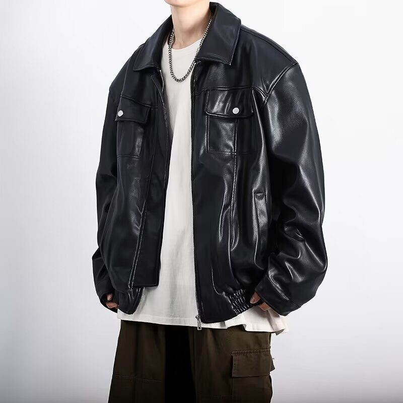Retro Textured Motorcycle Clothing Leather Coat For Men