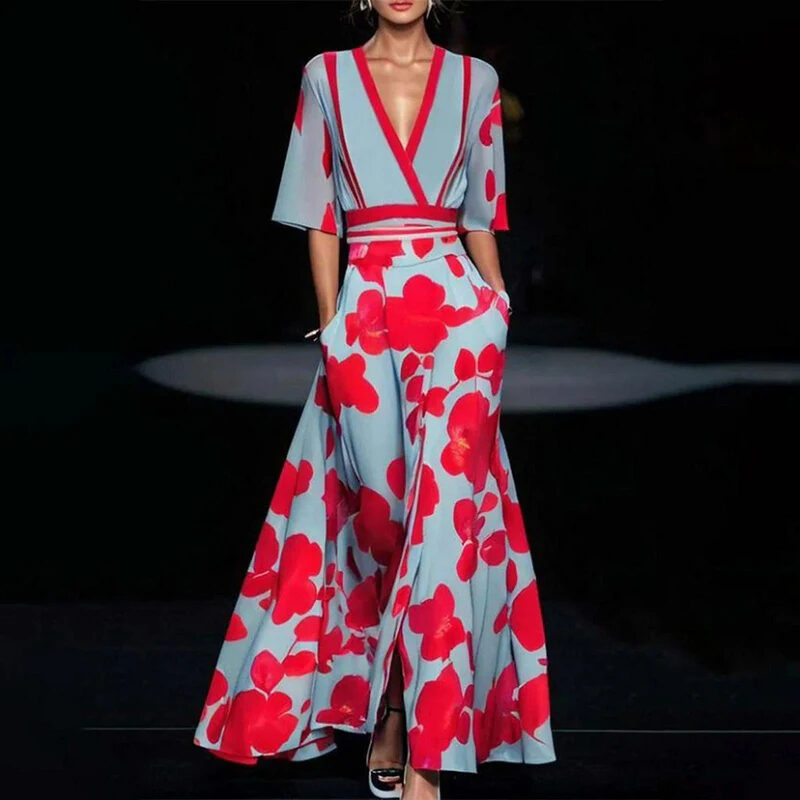 Summer V-neck Split Short-sleeved Dress Fashion Flower Print