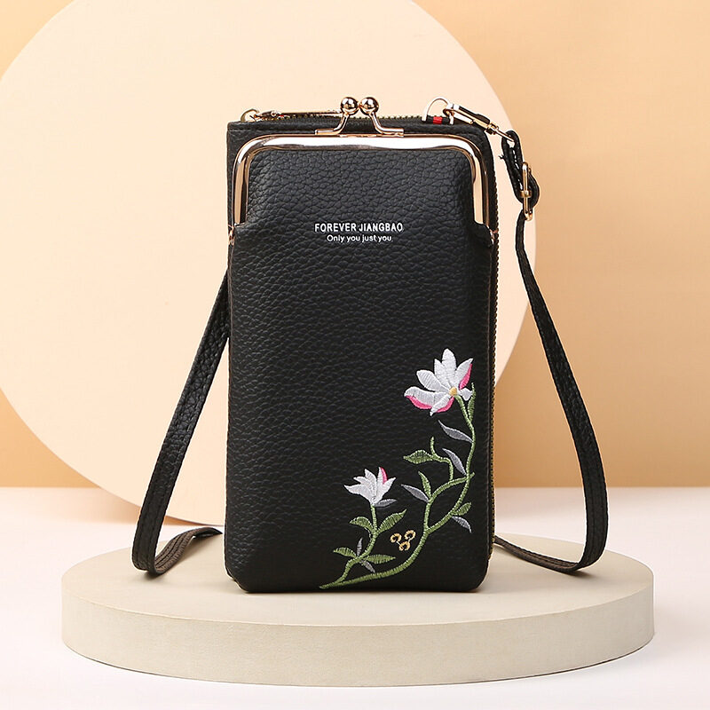 Flower Embroidery Phone Bag With Lock Buckle Outdoor