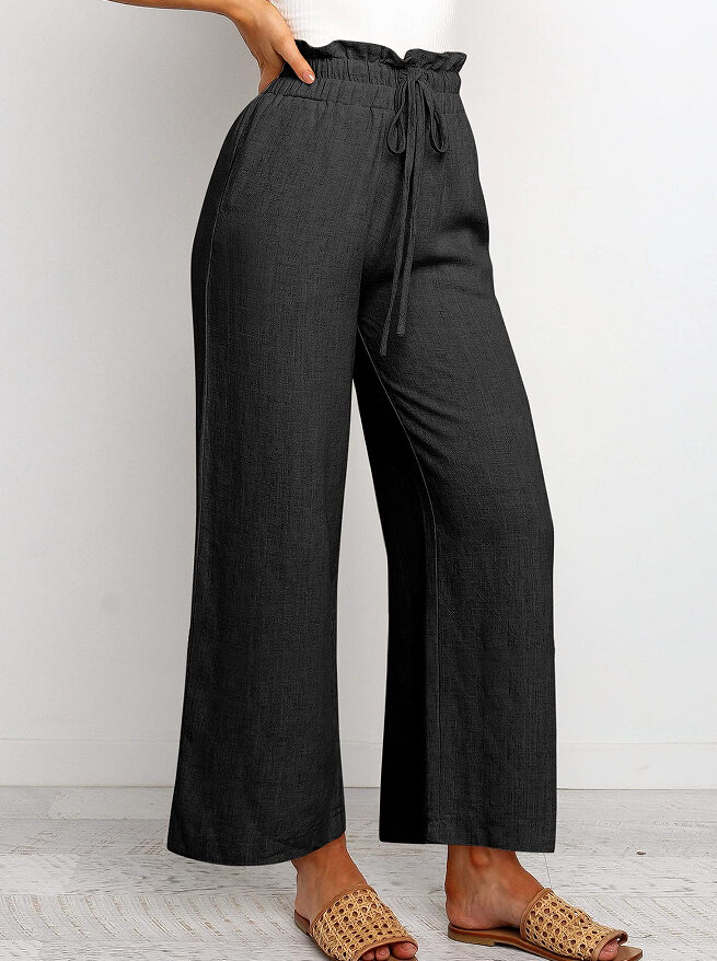 Elastic Waistband Lace-up Wide Leg Pants Solid Color