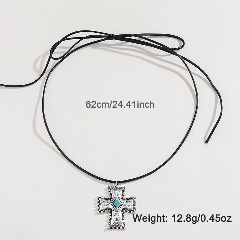 Personalized Turquoise Wax Rope Necklace Embossed Vintage Cross