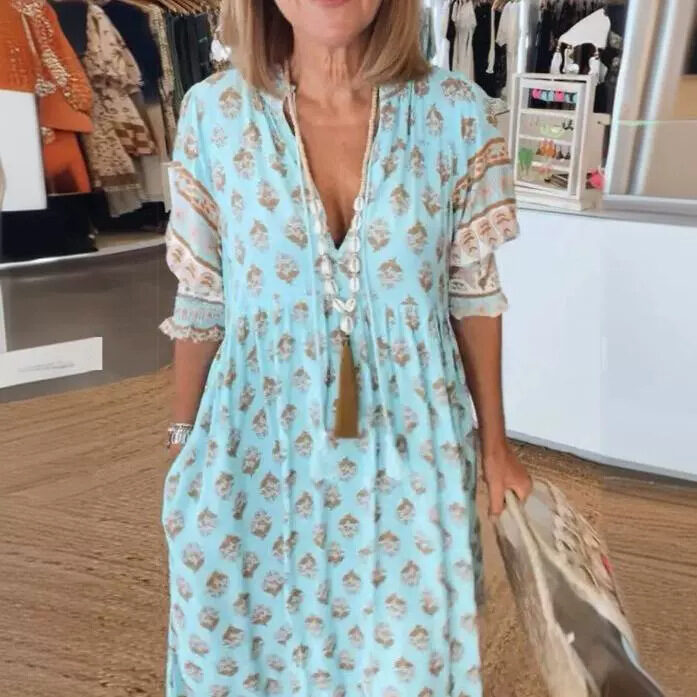 Summer Bohemian Print Lantern-Sleeved Dress Fashion Loose V-Neck