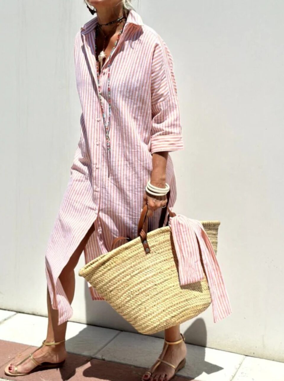 Striped Shirt Dress With Belt Fashion Half-sleeved Lapel