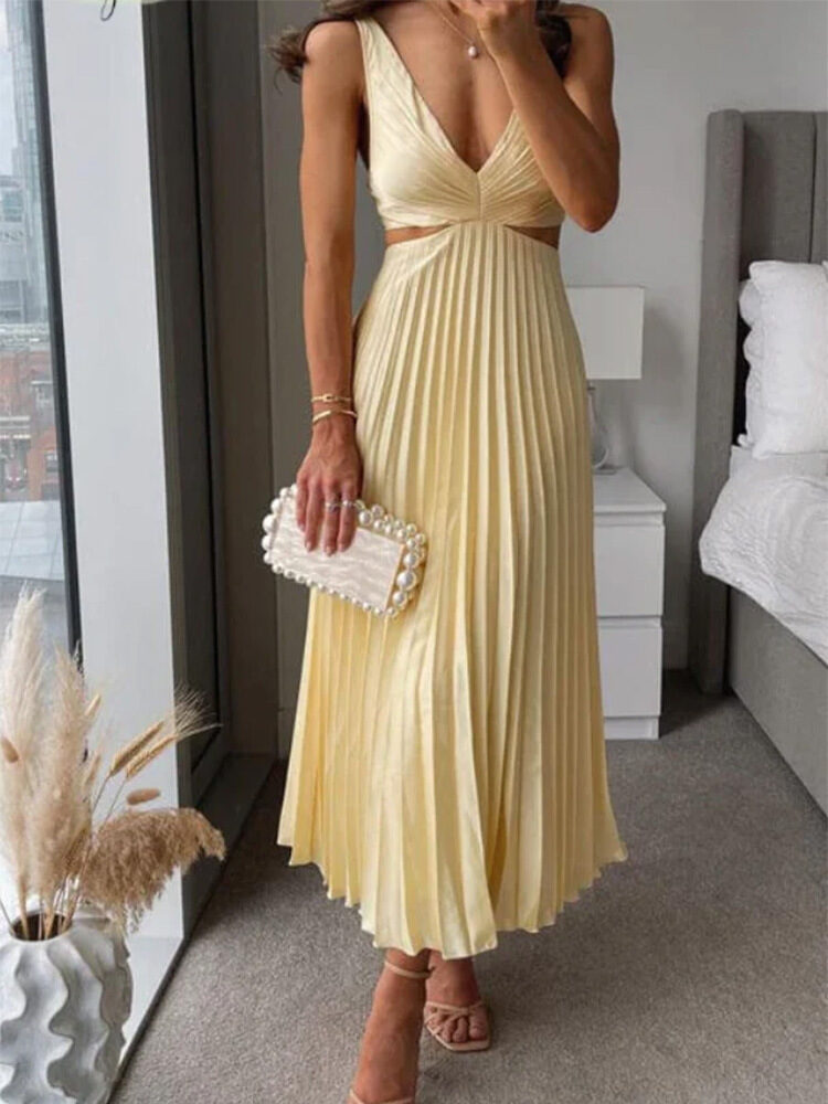 Ins Suspender Pleated Long Dress With Hollow-waisted Design