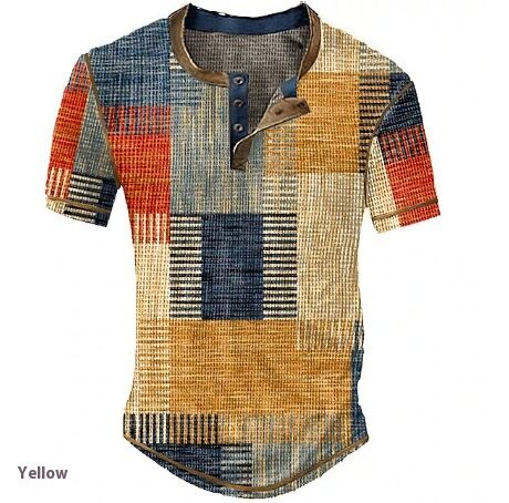 Men's Clothing Graphic Plaid Color Block Printed Waffle