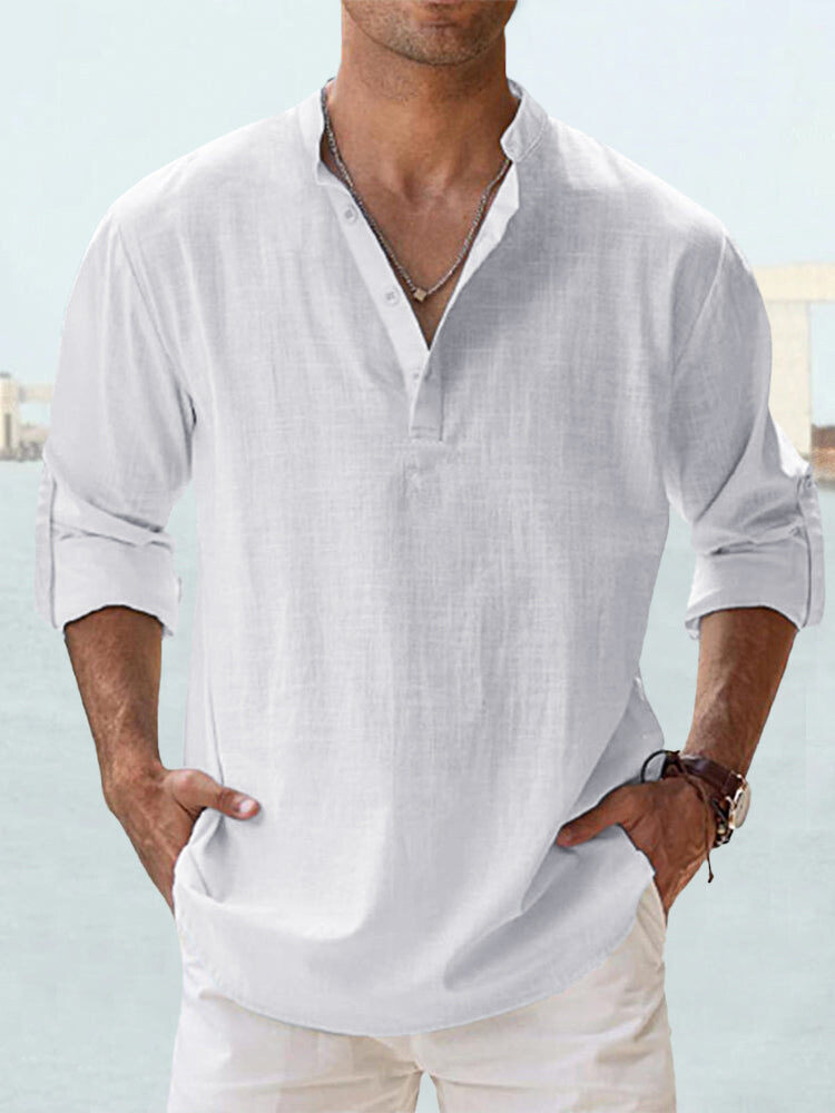 New Men's Casual Blouse Cotton Linen Shirt Loose
