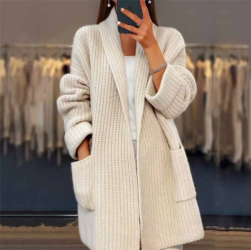 Lapel Knitted Cardigan With Pockets Fashion Casual Loose
