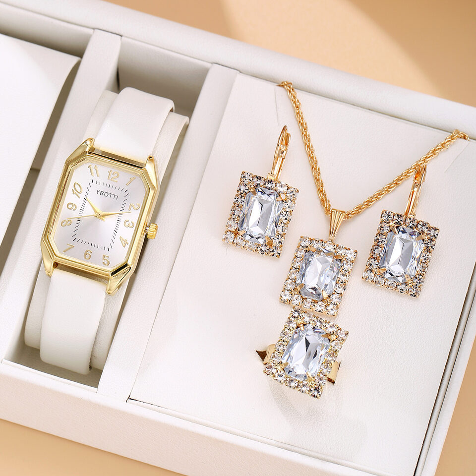 Leather Women's Watch Square Quartz Korean Necklace Earrings