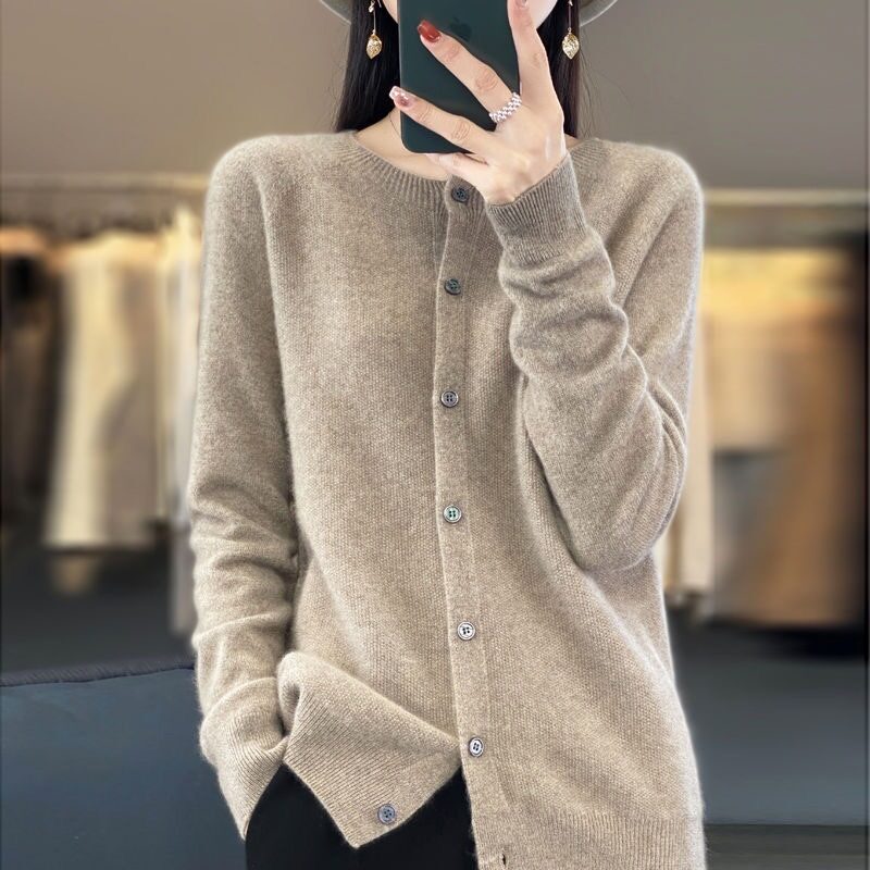 Fashion Merino Wool Cardigan Sweater Women O-Neck Long-sleeve